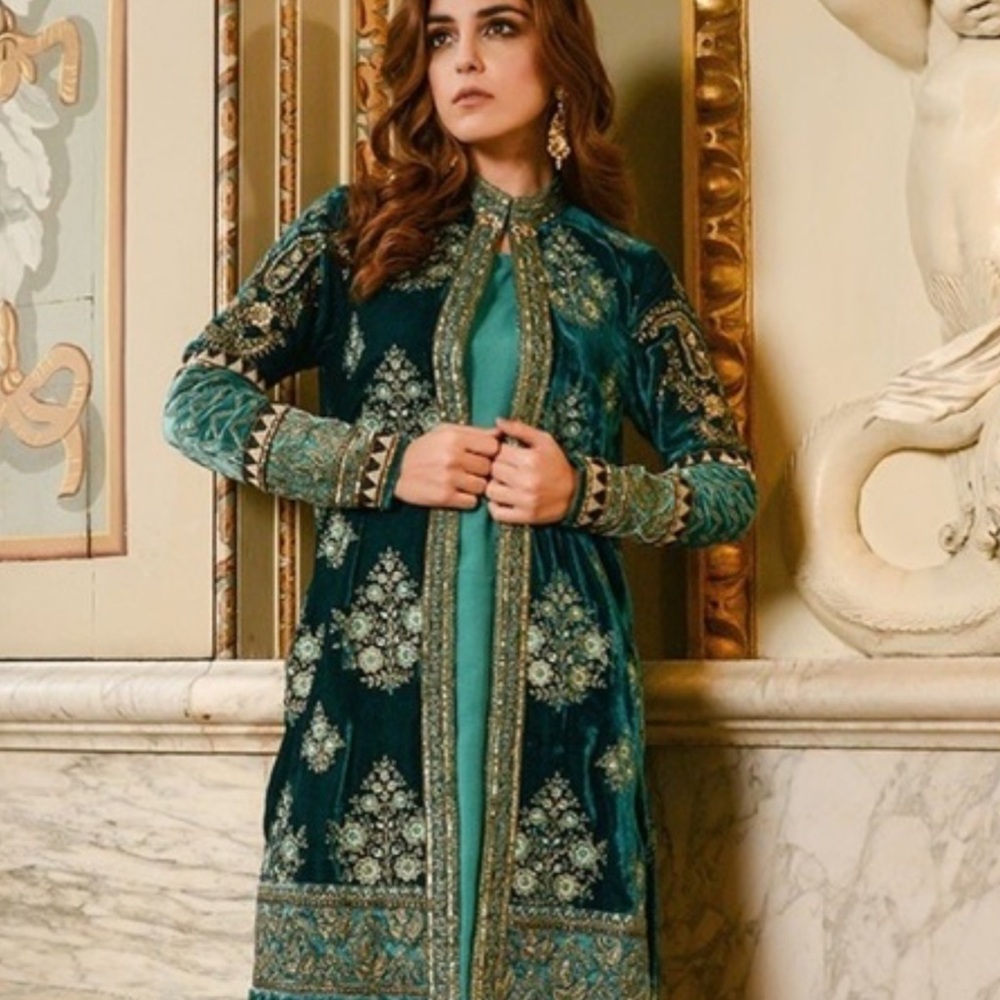 Elegant Teal Embroidered Velvet Desi suit